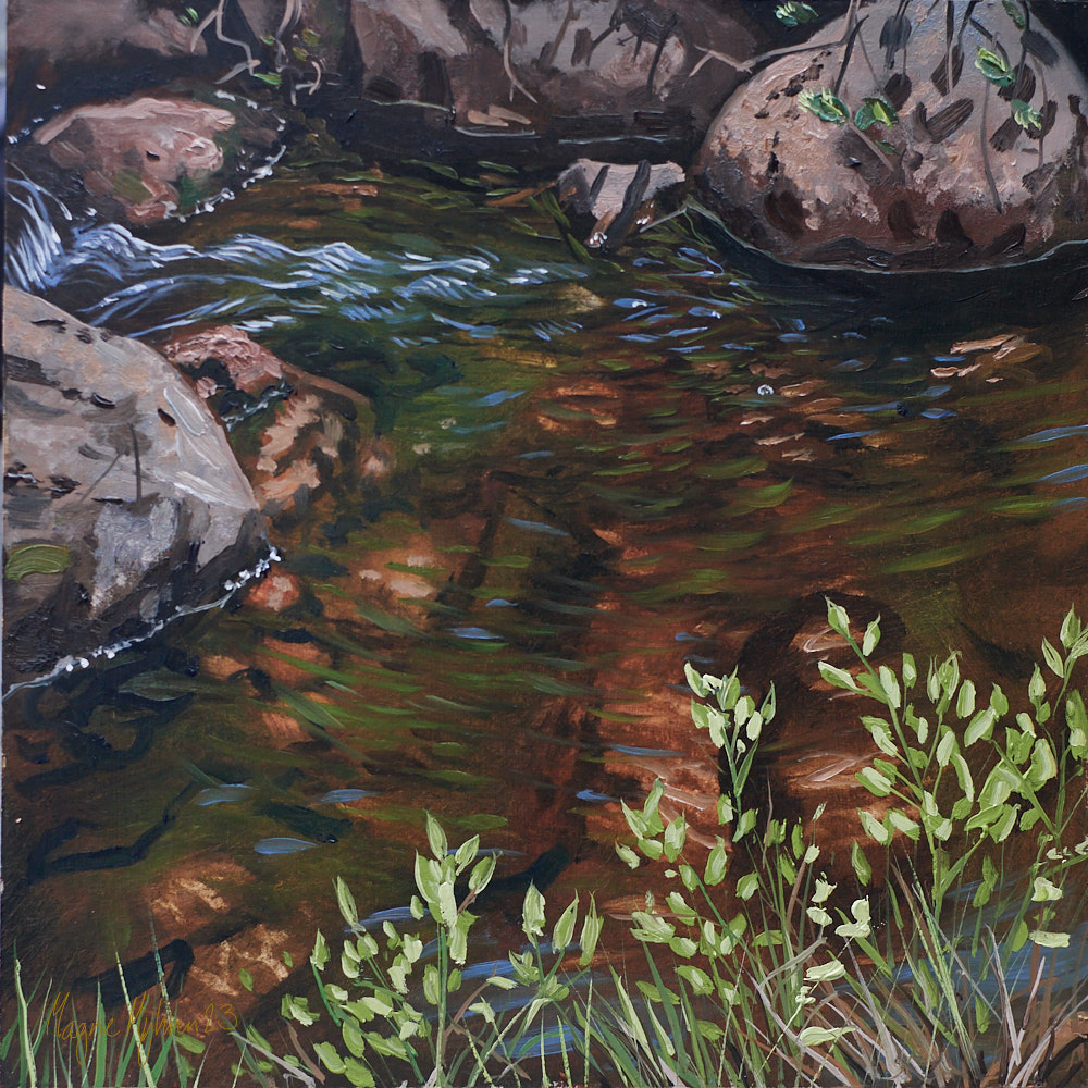 A stream between rocks in springtime. Oilpainting
